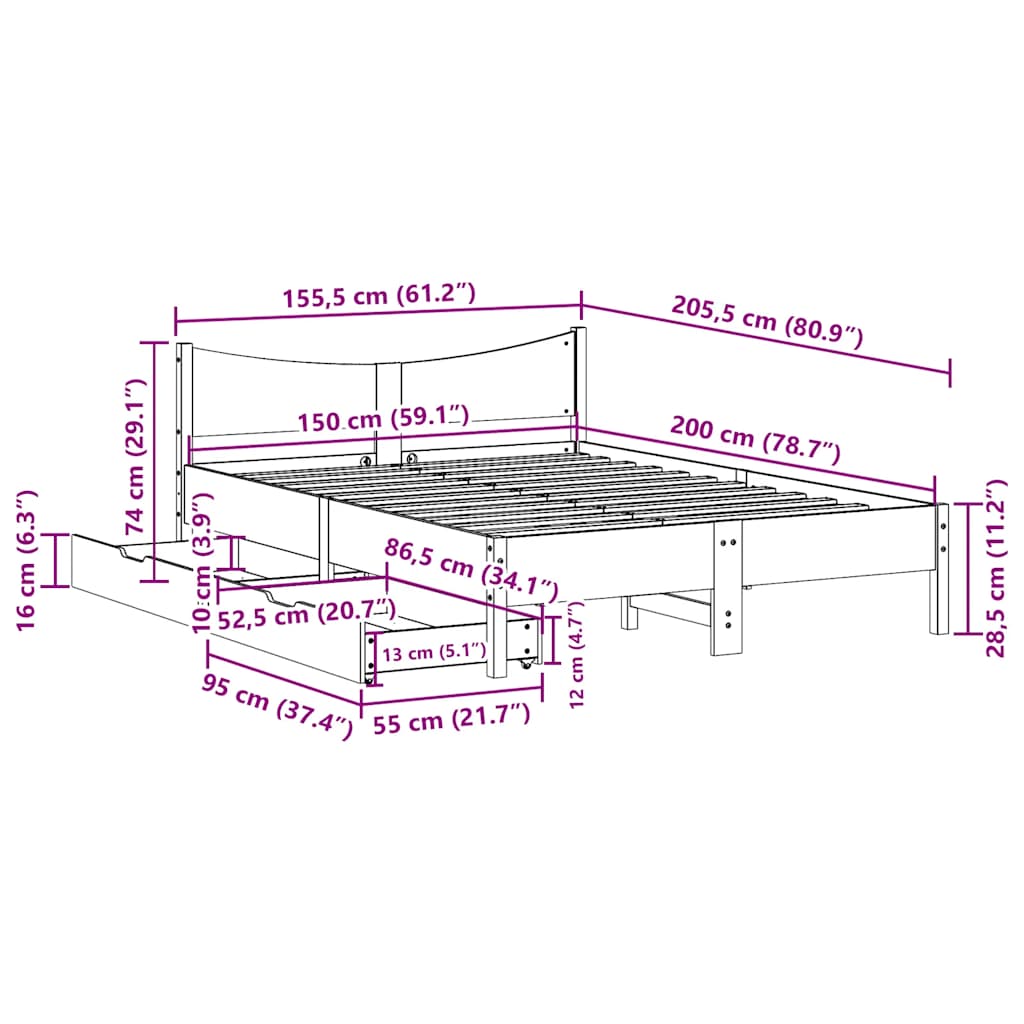 Bedframe met lades massief grenenhout wit 150x200 cm is nu te koop bij PeponiXL, paradijselijk wonen!