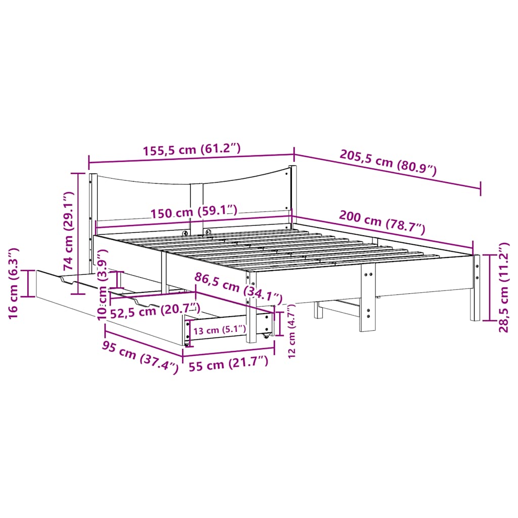 Bedframe met lades massief grenenhout wasbruin 150x200 cm is nu te koop bij PeponiXL, paradijselijk wonen!