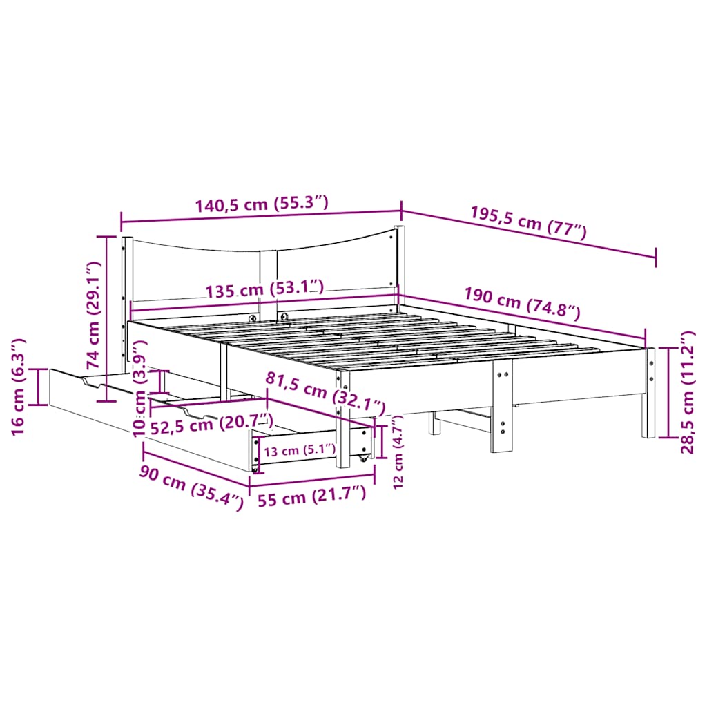 Bedframe met lades massief grenenhout wit 135x190 cm is nu te koop bij PeponiXL, paradijselijk wonen!