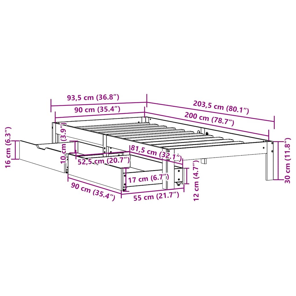 Bedframe met lades massief grenenhout 90x200 cm is nu te koop bij PeponiXL, paradijselijk wonen!