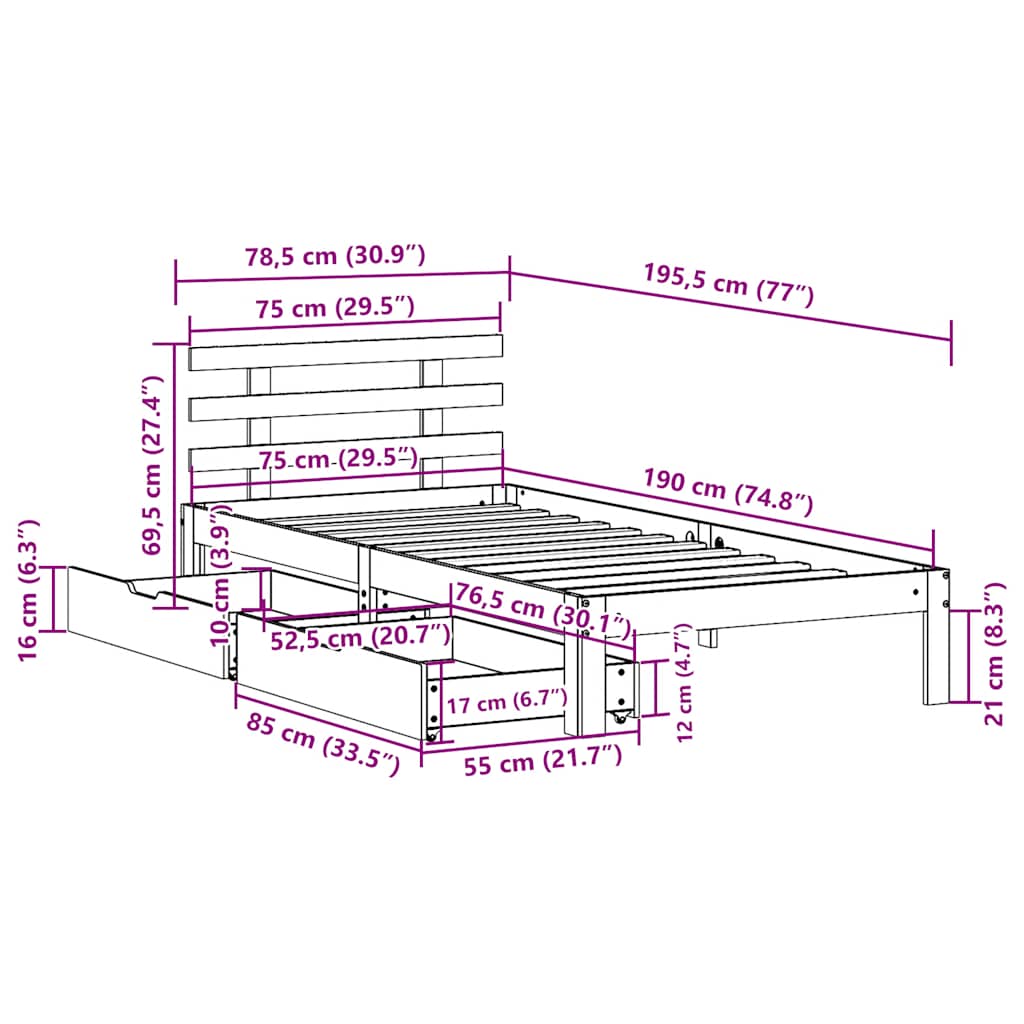 Bedframe met lades massief grenenhout wit 75x190 cm is nu te koop bij PeponiXL, paradijselijk wonen!
