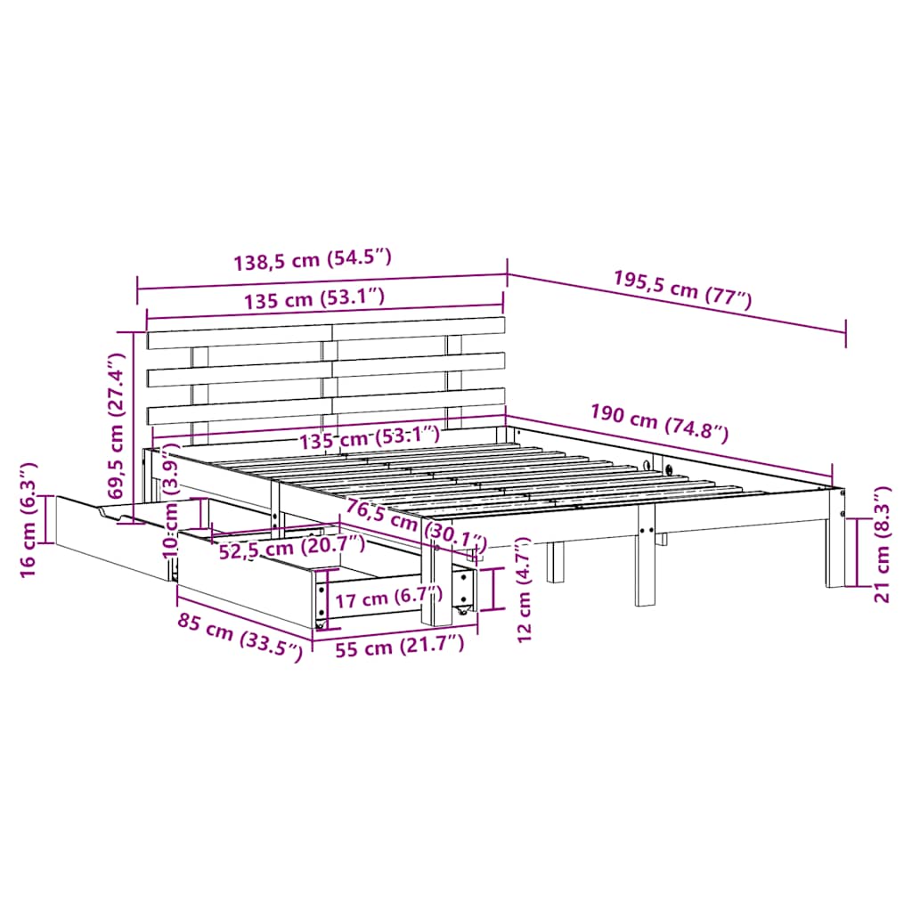 Bedframe met lades massief grenenhout 135x190 cm