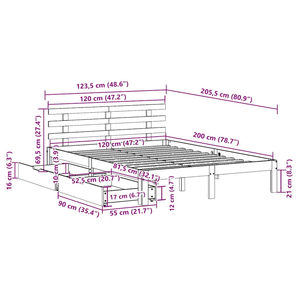 Bedframe met lades massief grenenhout wit 120x200 cm is nu te koop bij PeponiXL, paradijselijk wonen!
