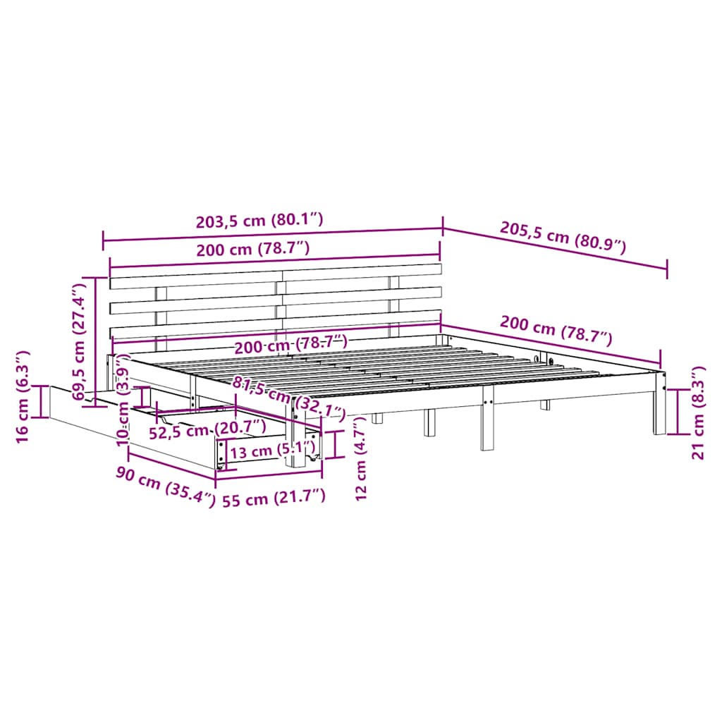 Bedframe met lades massief grenenhout 200x200 cm is nu te koop bij PeponiXL, paradijselijk wonen!