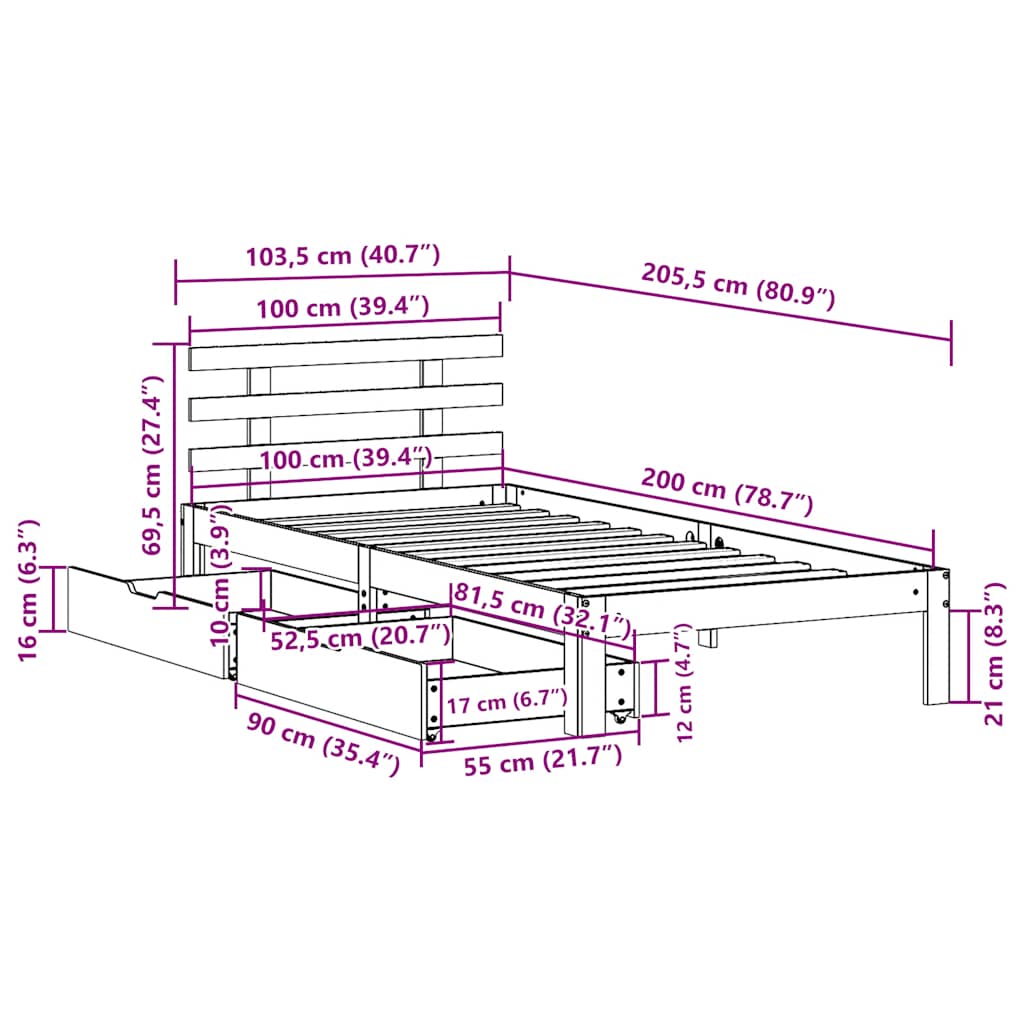 Bedframe met lades massief grenenhout wasbruin 100x200 cm is nu te koop bij PeponiXL, paradijselijk wonen!
