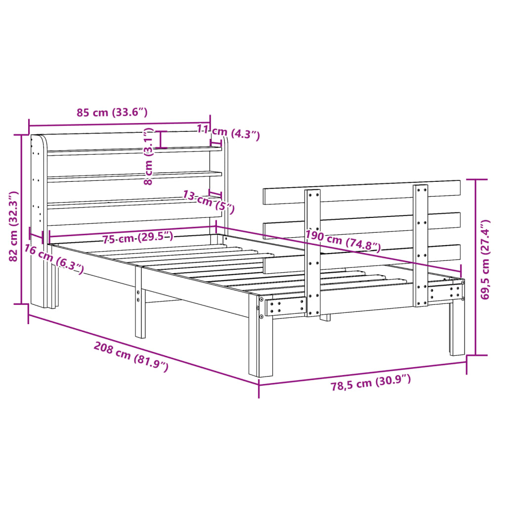 Bedframe met hoofdbord massief grenenhout wasbruin 75x190 cm is nu te koop bij PeponiXL, paradijselijk wonen!