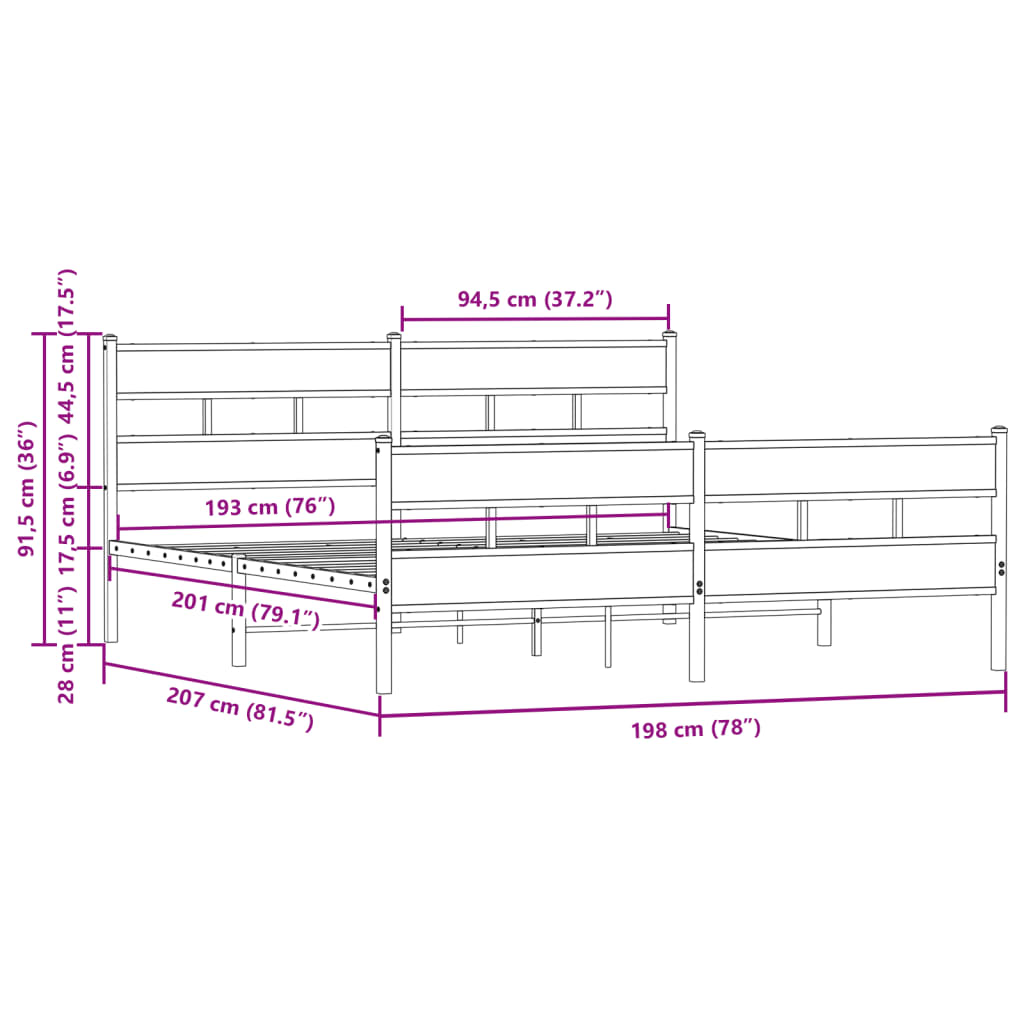 Bedframe zonder matras metaal bruin eikenkleur 193x203 cm is nu te koop bij PeponiXL, paradijselijk wonen!