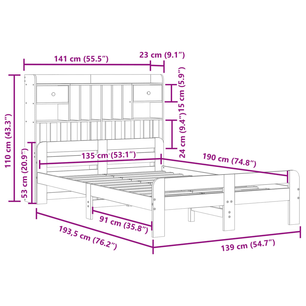 Bed met boekenkast zonder matras grenenhout wit 135x190 cm is nu te koop bij PeponiXL, paradijselijk wonen!
