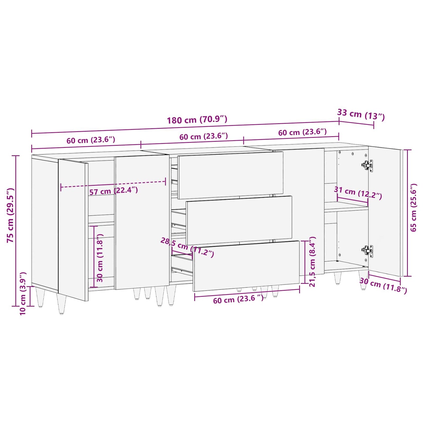 Opslagkasten 3 st 180 x 33 x 75 cm Massief Mango Hout