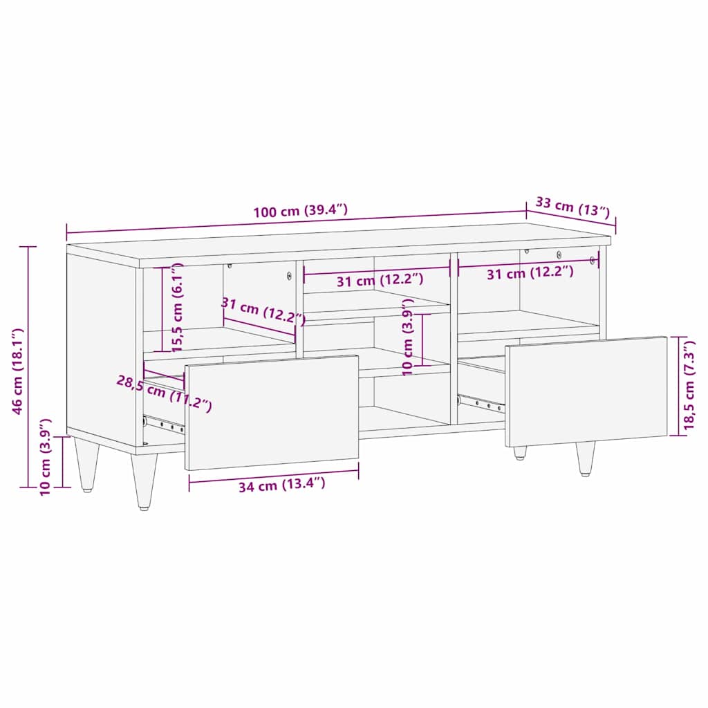 TV-kast met lade Bruin 100 x 33,5 x 46 cm Massief Mango Hout is nu te koop bij PeponiXL, paradijselijk wonen!