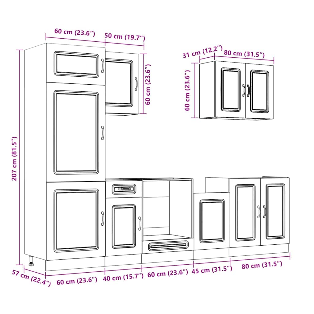 7-delige Keukenkastenset Kalmar bewerkt hout oud houtkleurig is nu te koop bij PeponiXL, paradijselijk wonen!