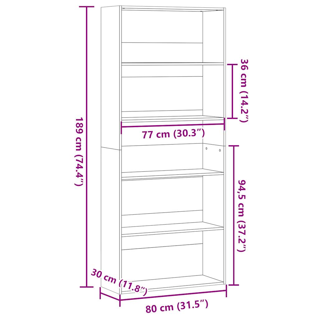 Boekenkast 80x30x189 cm bewerkt hout sonoma eikenkleurig is nu te koop bij PeponiXL, paradijselijk wonen!