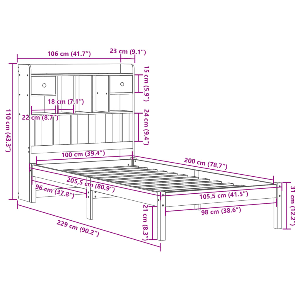 Bed met boekenkast zonder matras massief grenenhout 100x200 cm