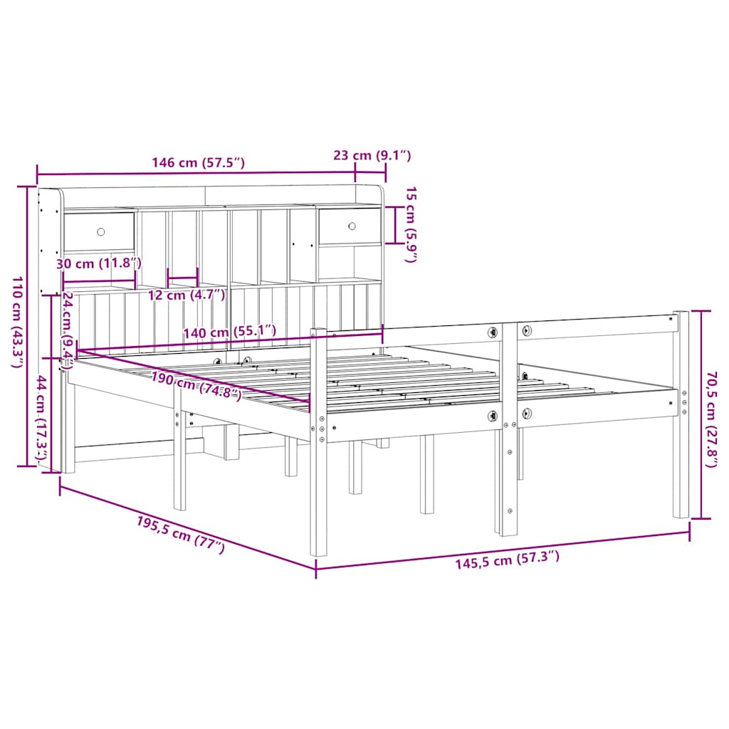 Bed met boekenkast zonder matras massief grenenhout 140x190 cm is nu te koop bij PeponiXL, paradijselijk wonen!