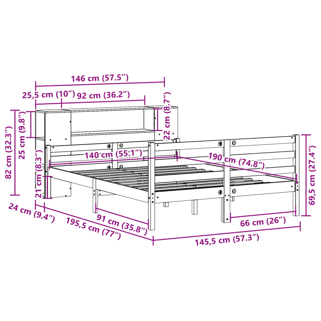 Bed met boekenkast zonder matras massief grenenhout 140x190 cm