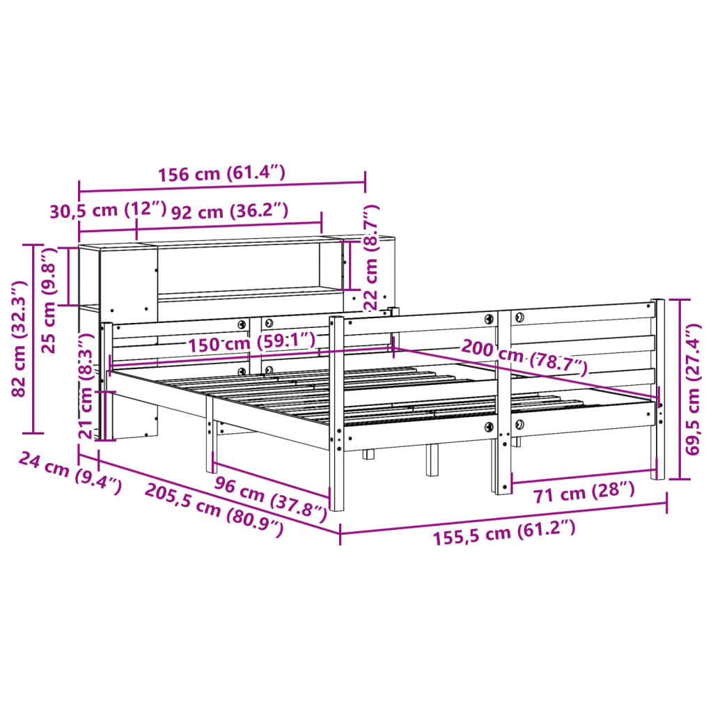 Bed met boekenkast zonder matras grenenhout wit 150x200 cm is nu te koop bij PeponiXL, paradijselijk wonen!