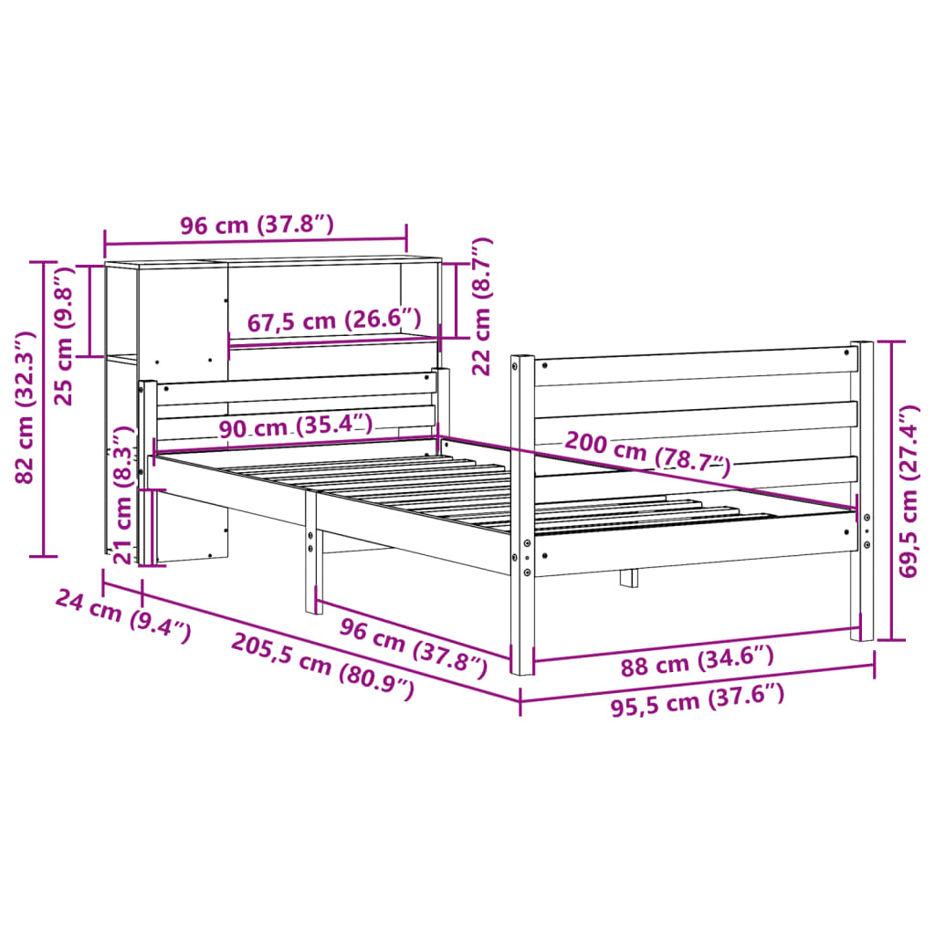 Bed met boekenkast zonder matras massief grenenhout 90x200 cm