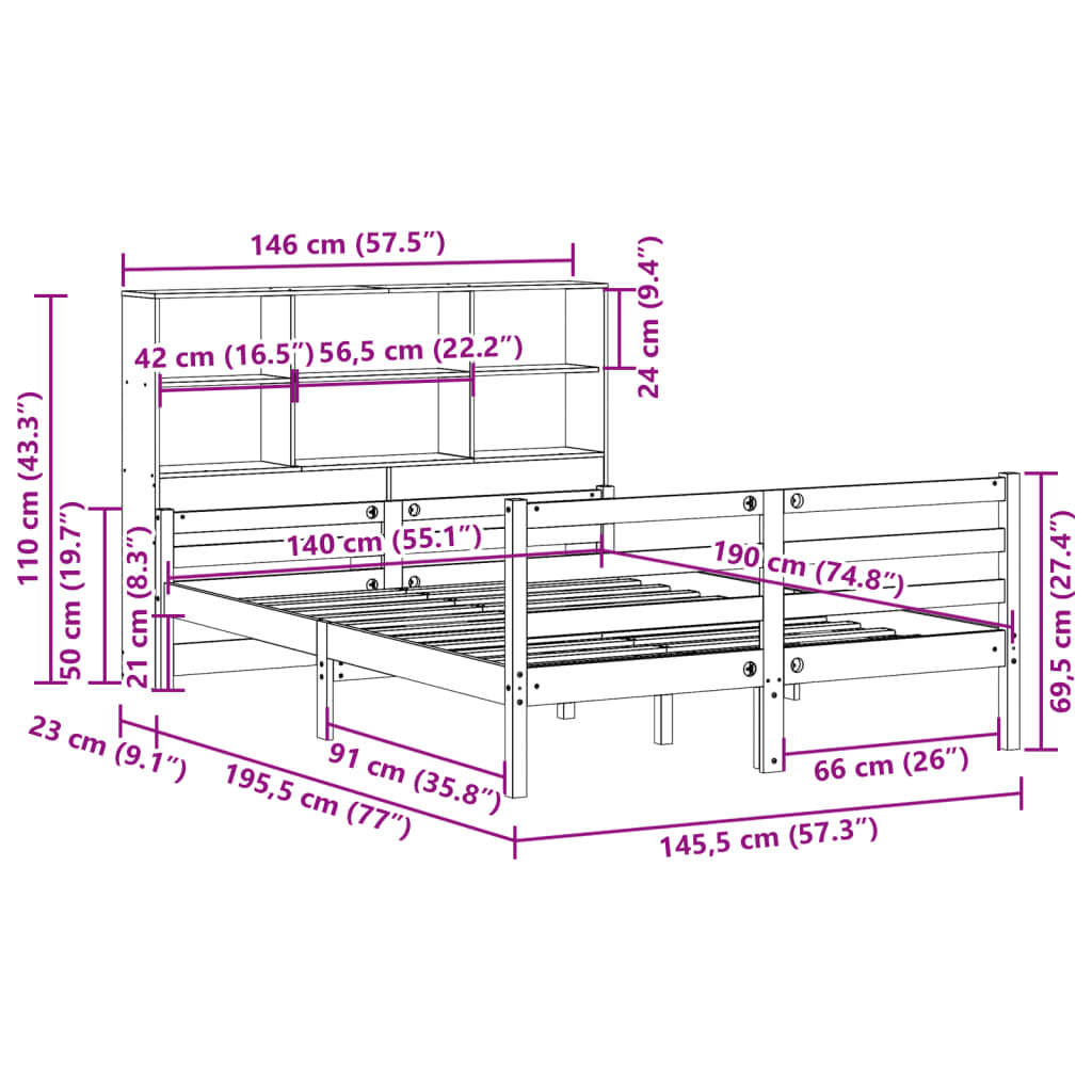 Bed met boekenkast zonder matras massief grenenhout 140x190 cm