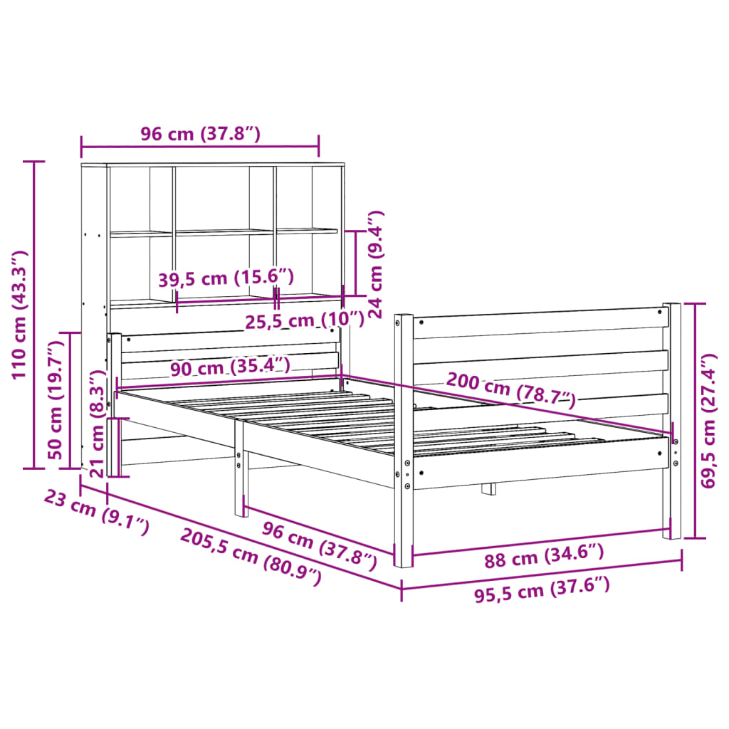 Bed met boekenkast zonder matras massief grenenhout 90x200 cm