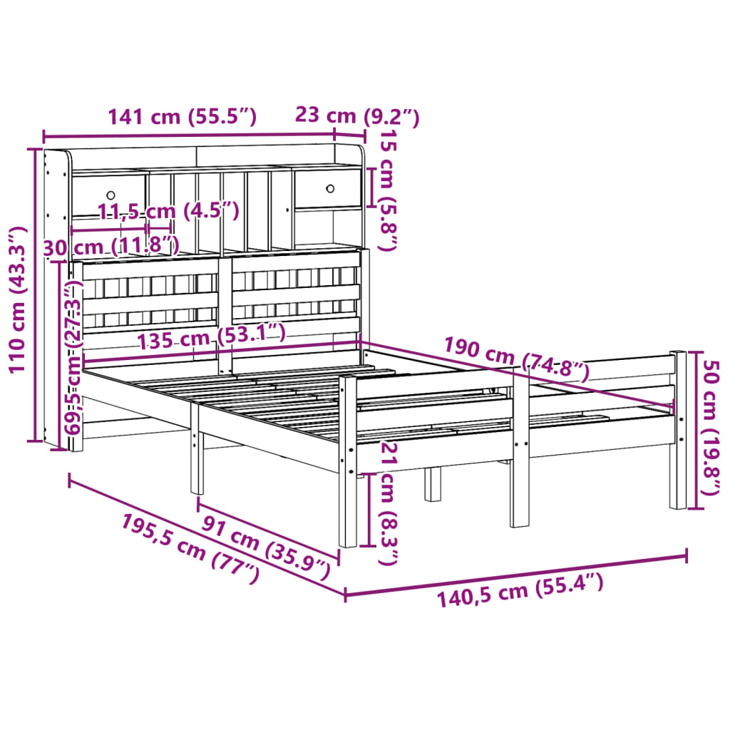 Bed met boekenkast zonder matras massief grenenhout 135x190 cm is nu te koop bij PeponiXL, paradijselijk wonen!