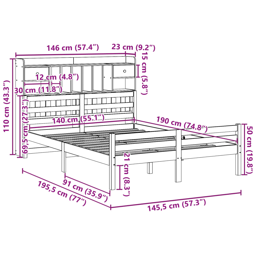 Bed met boekenkast zonder matras massief grenenhout 140x190 cm is nu te koop bij PeponiXL, paradijselijk wonen!