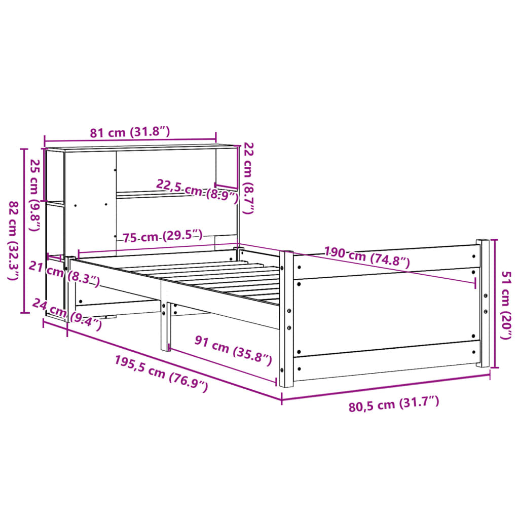 Bed met boekenkast zonder matras massief grenenhout 75x190 cm is nu te koop bij PeponiXL, paradijselijk wonen!