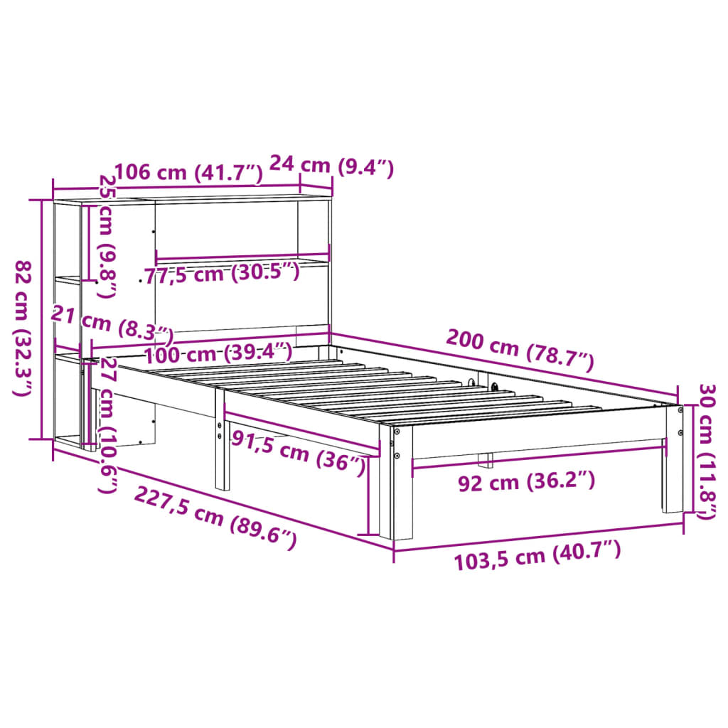 Bed met boekenkast zonder matras massief grenenhout 100x200 cm