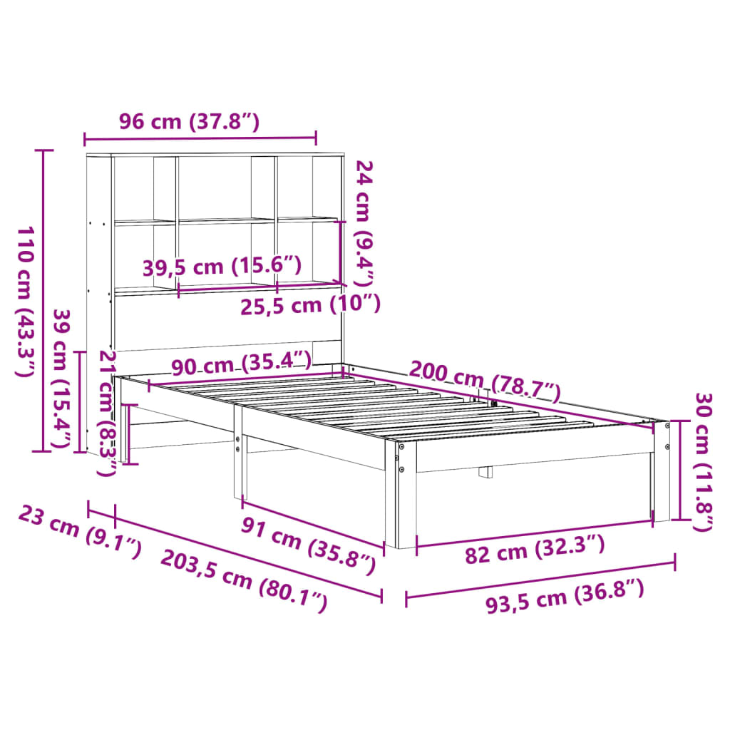 Bed met boekenkast zonder matras massief grenenhout 90x200 cm