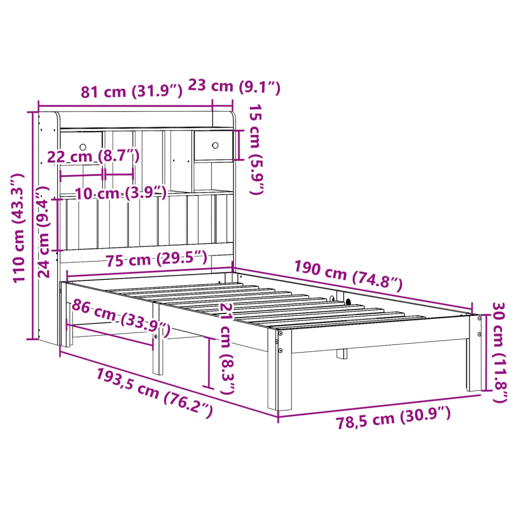 Bed met boekenkast zonder matras massief grenenhout 75x190 cm is nu te koop bij PeponiXL, paradijselijk wonen!
