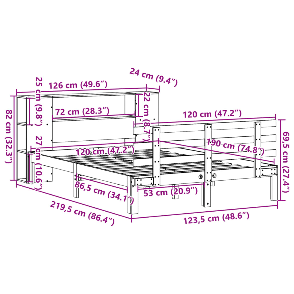 Bed met boekenkast zonder matras grenenhout wit 120x190 cm