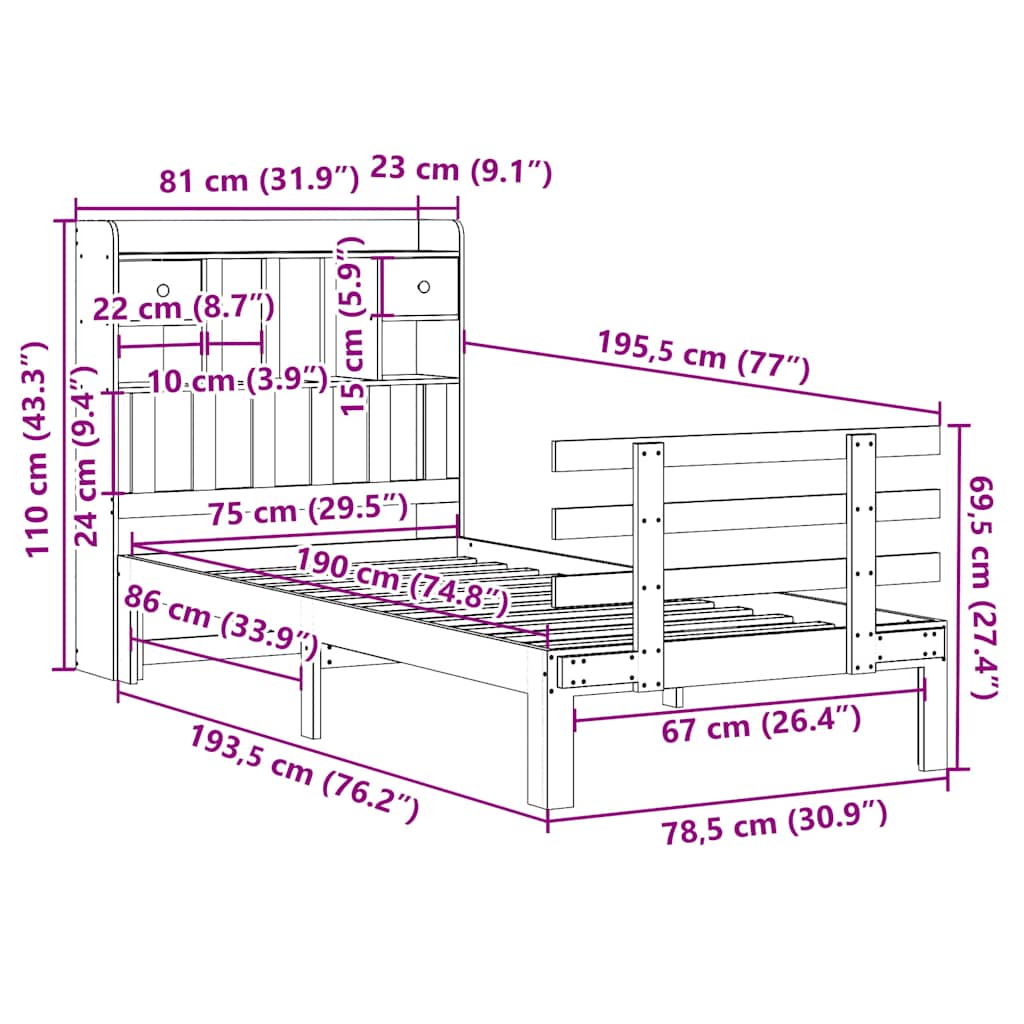 Bed met boekenkast zonder matras massief grenenhout 75x190 cm is nu te koop bij PeponiXL, paradijselijk wonen!
