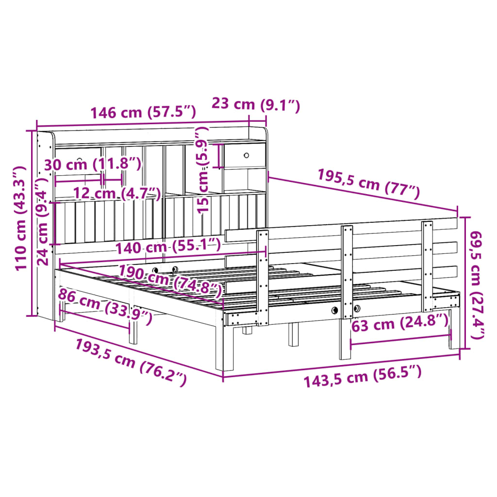 Bed met boekenkast zonder matras massief grenenhout 140x190 cm is nu te koop bij PeponiXL, paradijselijk wonen!