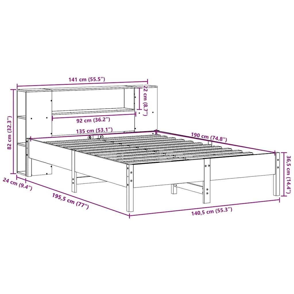 Bed met boekenkast zonder matras massief grenenhout 135x190 cm is nu te koop bij PeponiXL, paradijselijk wonen!
