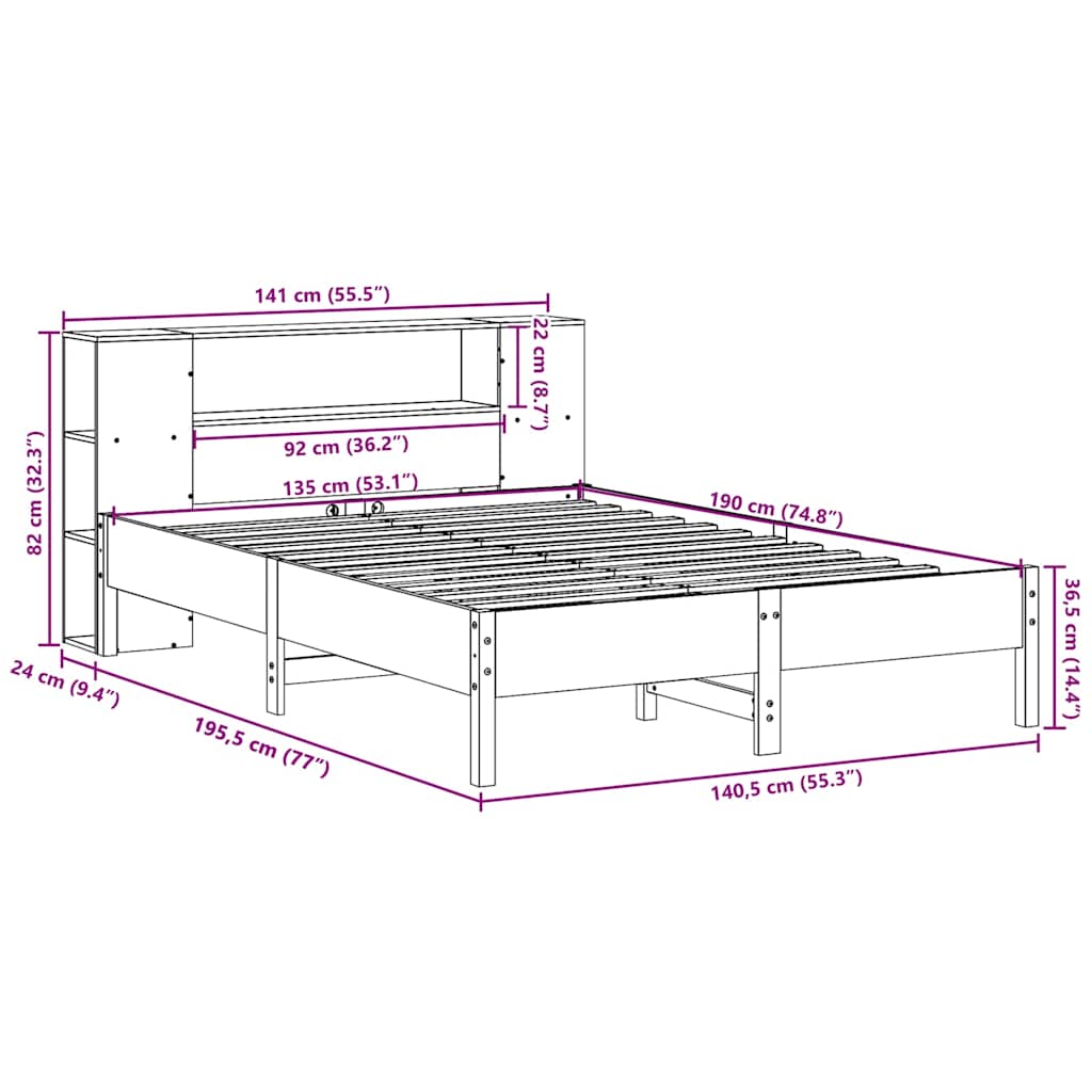 Bed met boekenkast zonder matras grenenhout wasbruin 135x190 cm is nu te koop bij PeponiXL, paradijselijk wonen!