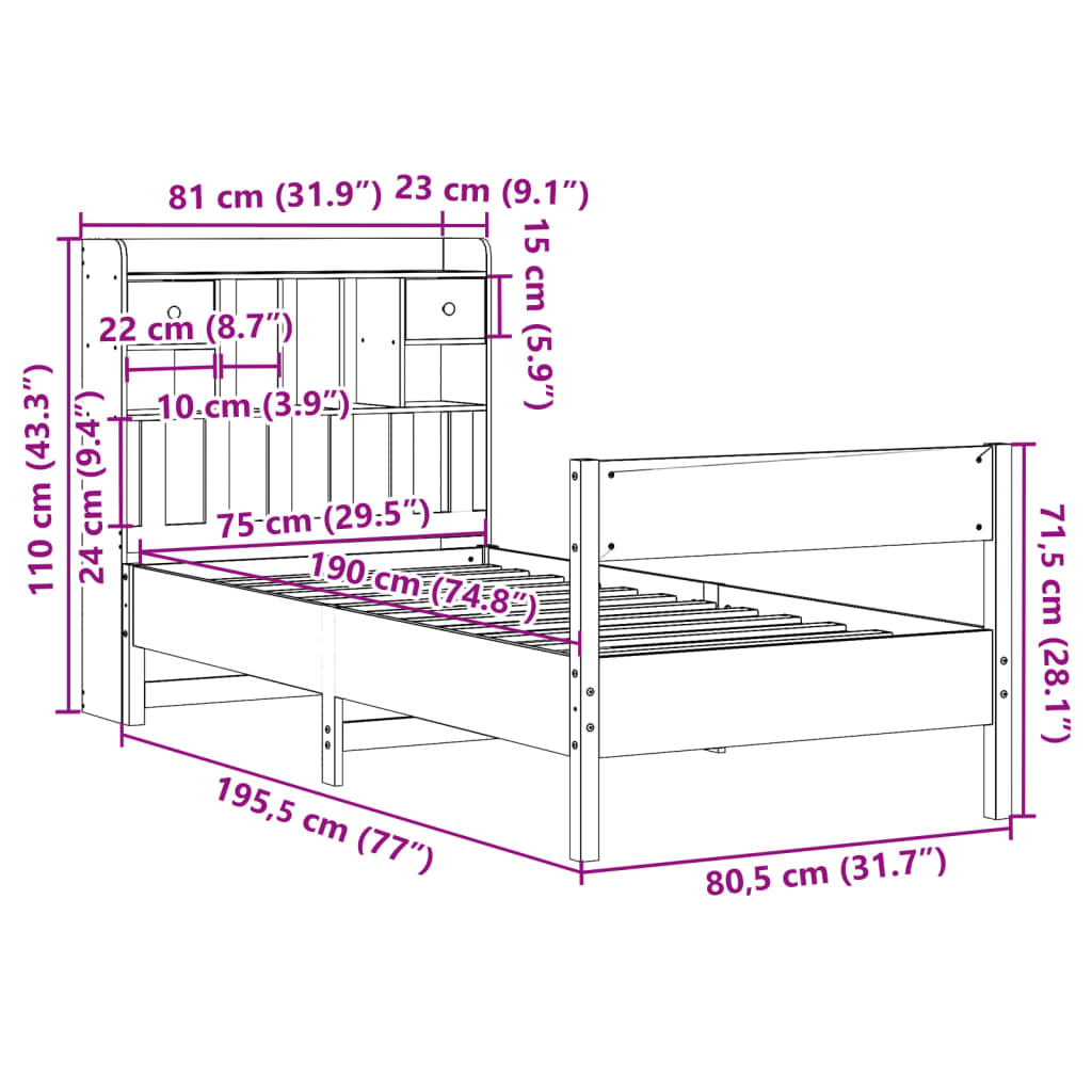 Bed met boekenkast zonder matras massief grenenhout 75x190 cm is nu te koop bij PeponiXL, paradijselijk wonen!