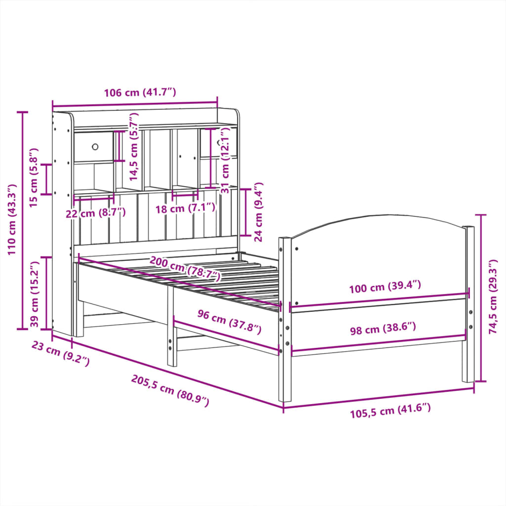 Bed met boekenkast zonder matras grenenhout wasbruin 100x200 cm is nu te koop bij PeponiXL, paradijselijk wonen!