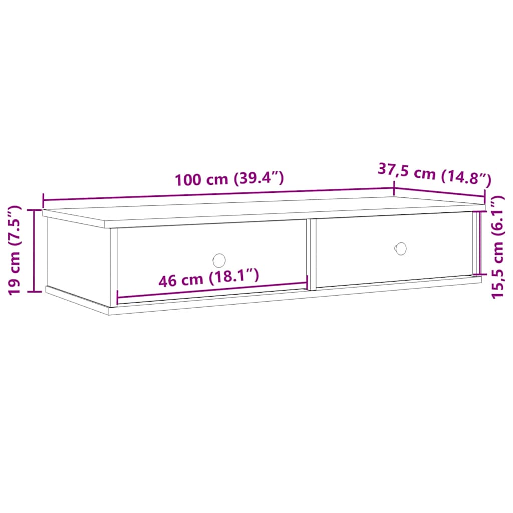 Wandschap met lades 100x37,5x19 cm bewerkt hout betongrijs is nu te koop bij PeponiXL, paradijselijk wonen!