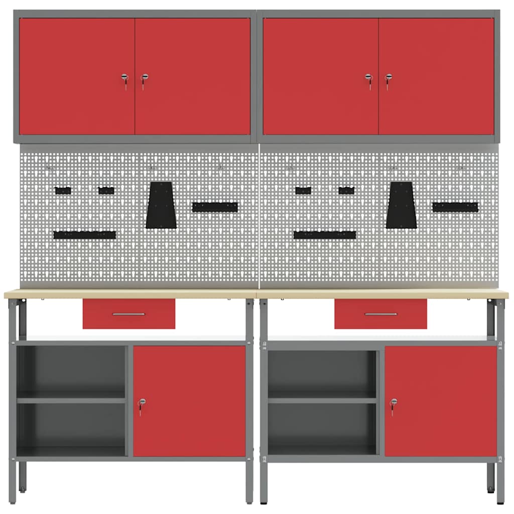 Werkbankset met lade 8 pcs Rood en Grijs Gepoedercoat staal