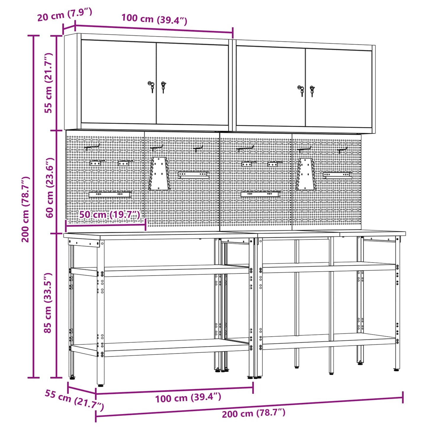 Werkbankset met plank 8 pcs Zwart en Grijs Gepoedercoat staal