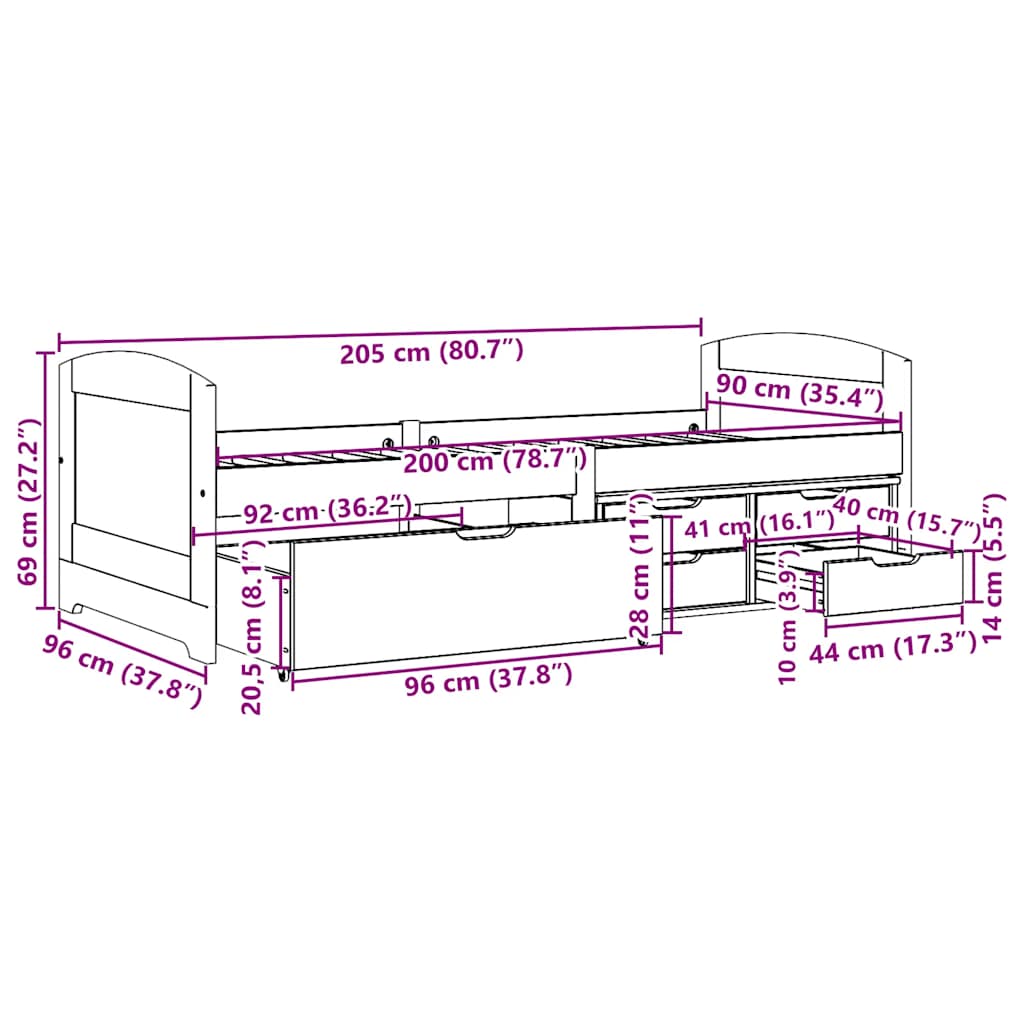 Slaapbank met 5 lades zonder matras IRUN 90x200 cm wit en roze is nu te koop bij PeponiXL, paradijselijk wonen!