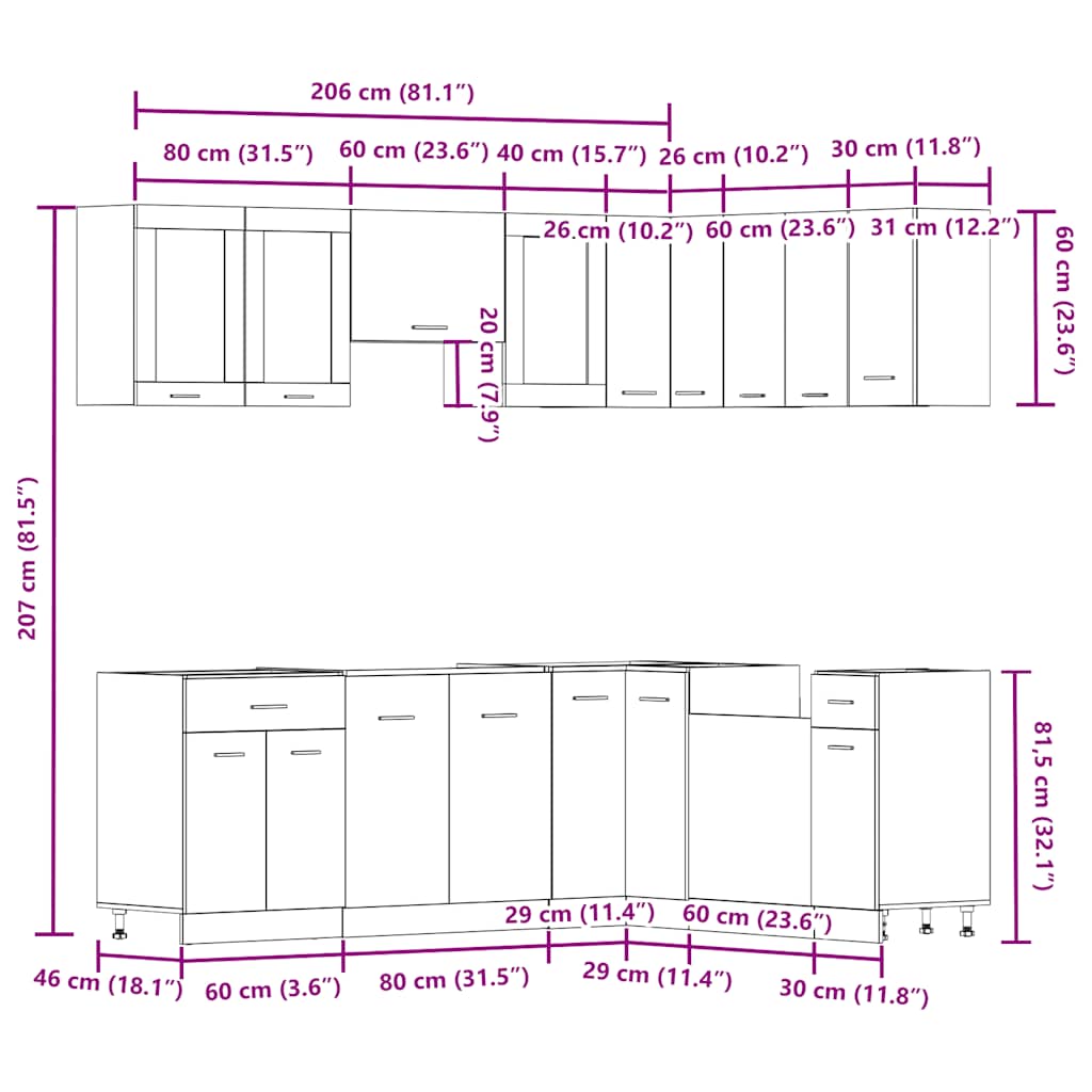 11-delige Keukenkastenset Lyon bewerkt hout oud houtkleurig is nu te koop bij PeponiXL, paradijselijk wonen!