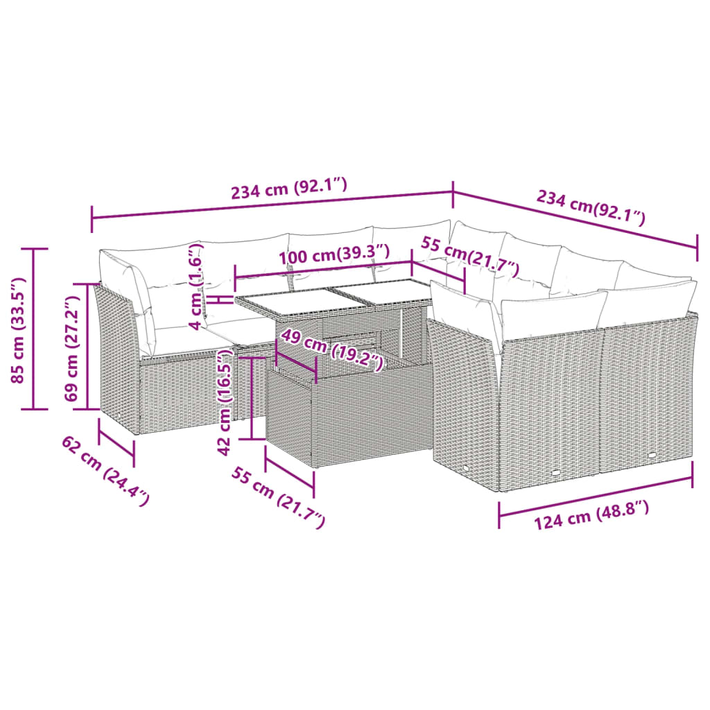 9-delige Loungeset met kussens poly rattan grijs is nu te koop bij PeponiXL, paradijselijk wonen!