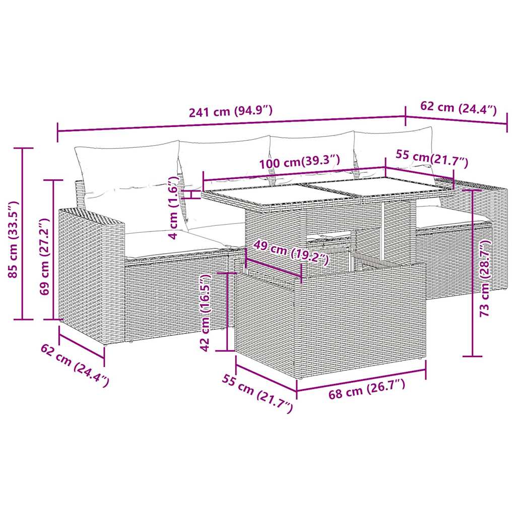 5-delige Loungeset met kussens poly rattan acacia bruin is nu te koop bij PeponiXL, paradijselijk wonen!