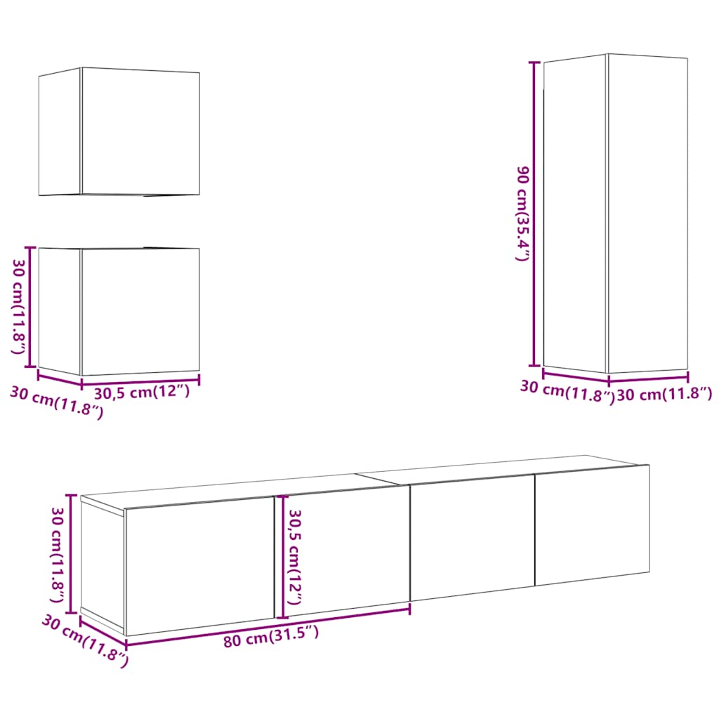 5-delig Tv-meubelset wandmontage bewerkt hout oud houtkleurig is nu te koop bij PeponiXL, paradijselijk wonen!