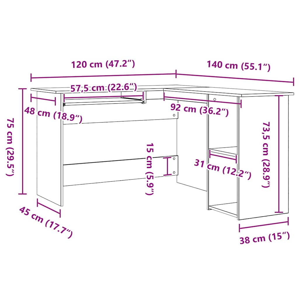 Hoekbureau Zwart Eiken 120 x 140 x 75 cm Bewerkt hout is nu te koop bij PeponiXL, paradijselijk wonen!