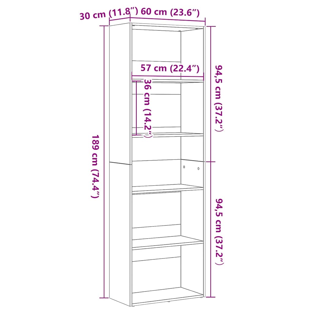 Boekenkast 60x30x189 cm spaanplaat zwart eikenkleurig is nu te koop bij PeponiXL, paradijselijk wonen!