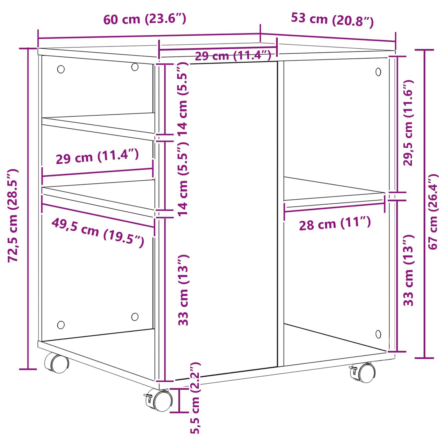 Opbergkast met wiel Zwart Eiken 60 x 53 x 72,5 cm Bewerkt hout is nu te koop bij PeponiXL, paradijselijk wonen!