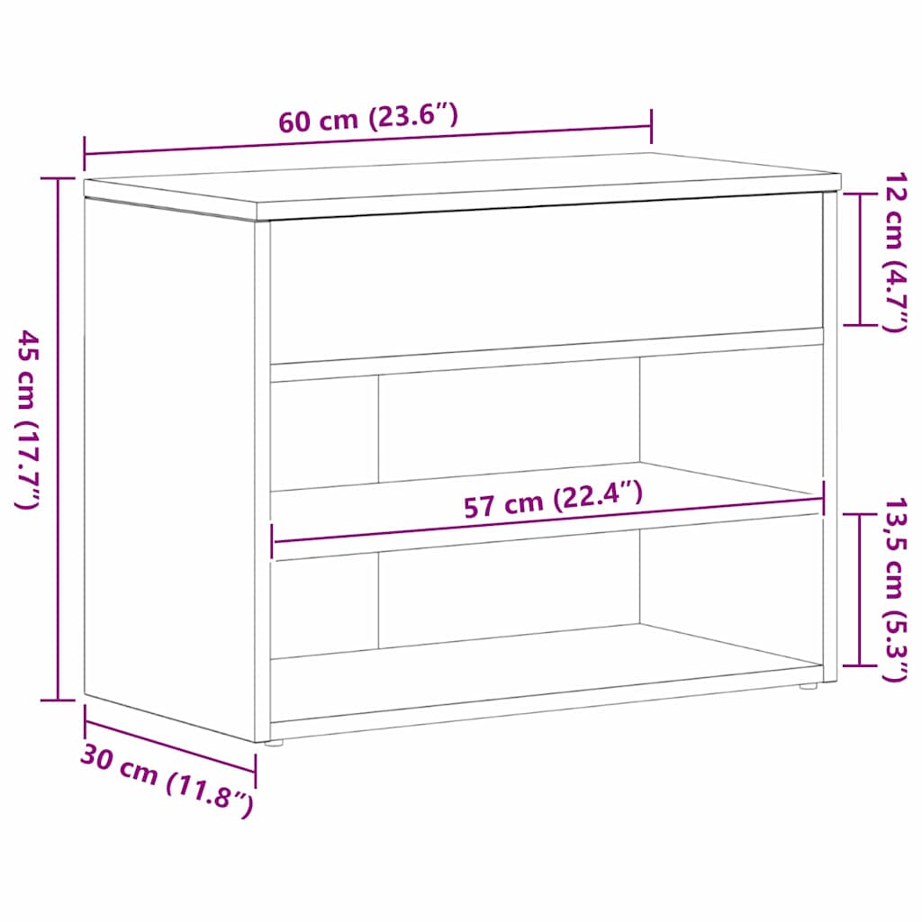 Schoenenbank met plank Zwart Eiken 60 x 30 x 45 cm Bewerkt hout is nu te koop bij PeponiXL, paradijselijk wonen!