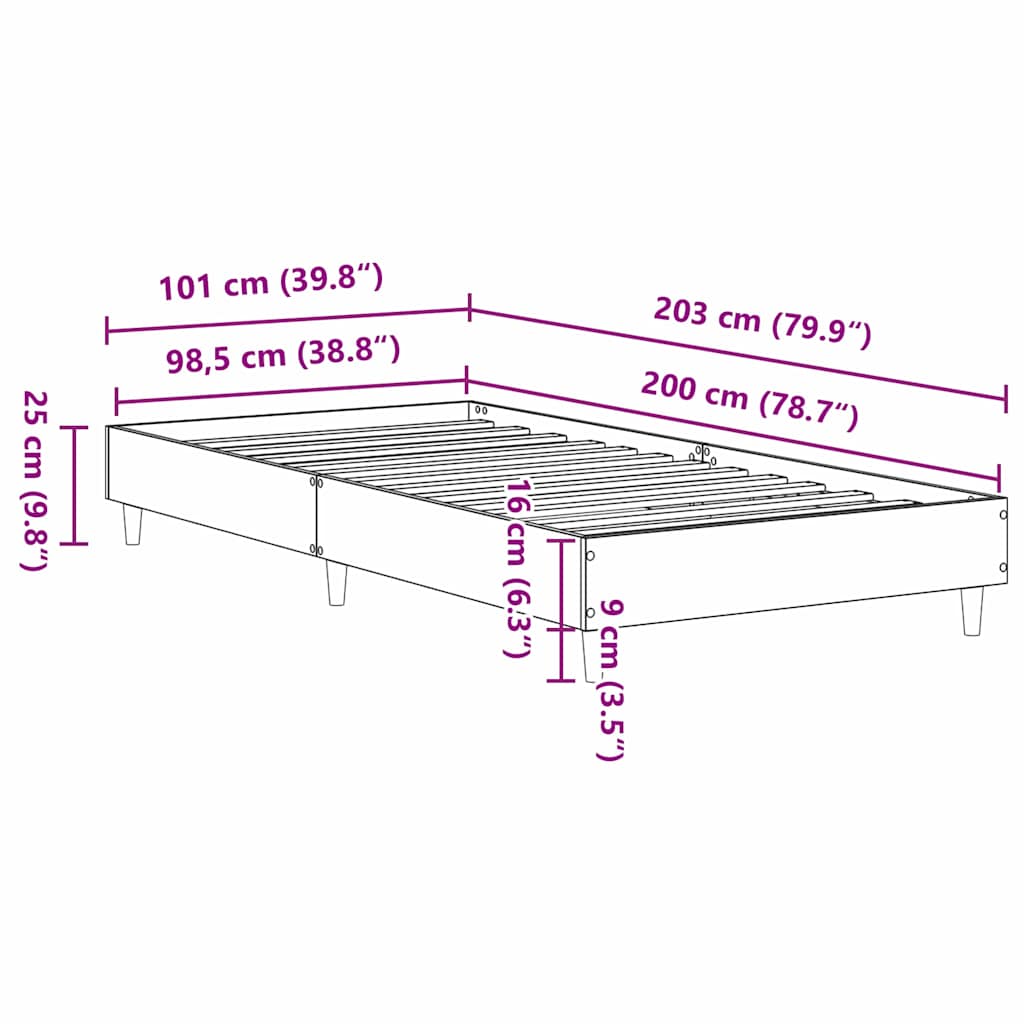 Bedframe Zwart Eiken 203 x 101 x 25 cm Bewerkt hout is nu te koop bij PeponiXL, paradijselijk wonen!