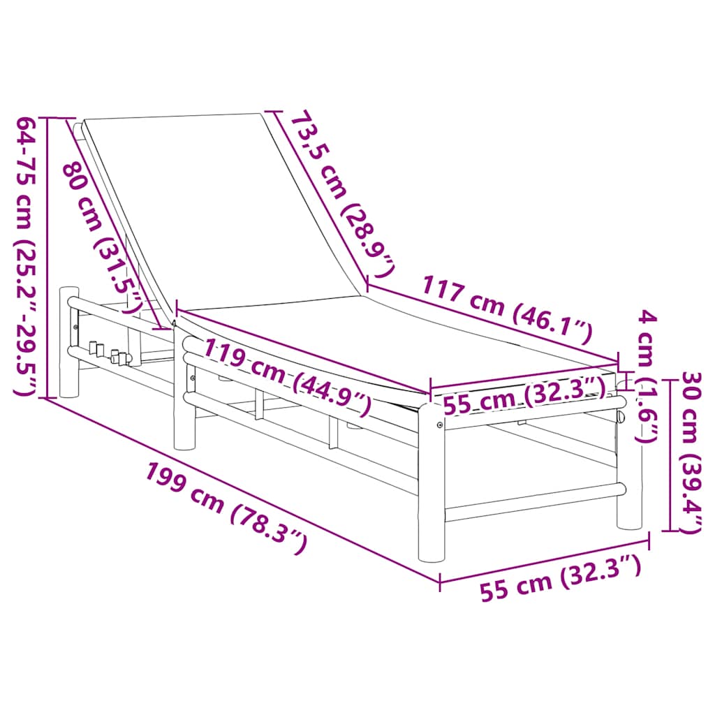 Ligstoel met kussens 55x199x30 cm bamboe is nu te koop bij PeponiXL, paradijselijk wonen!